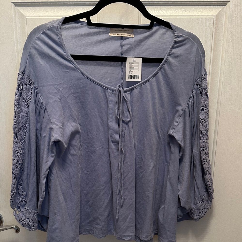 Urban Outfitters Light Blue Embroidered Lace Sleeve Blouse Size XS NWT